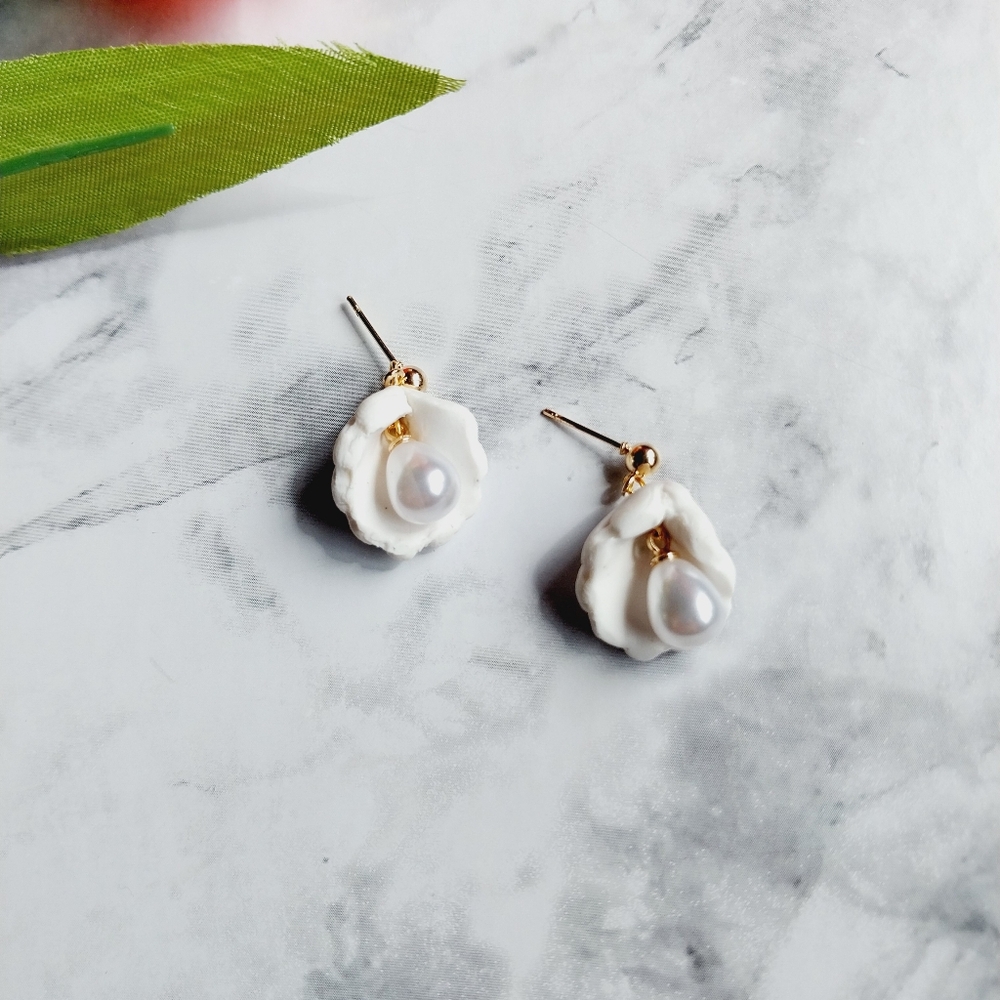 OpalGlaze Clay Earrings Sea Shell pearl Hand crafted Earrings.